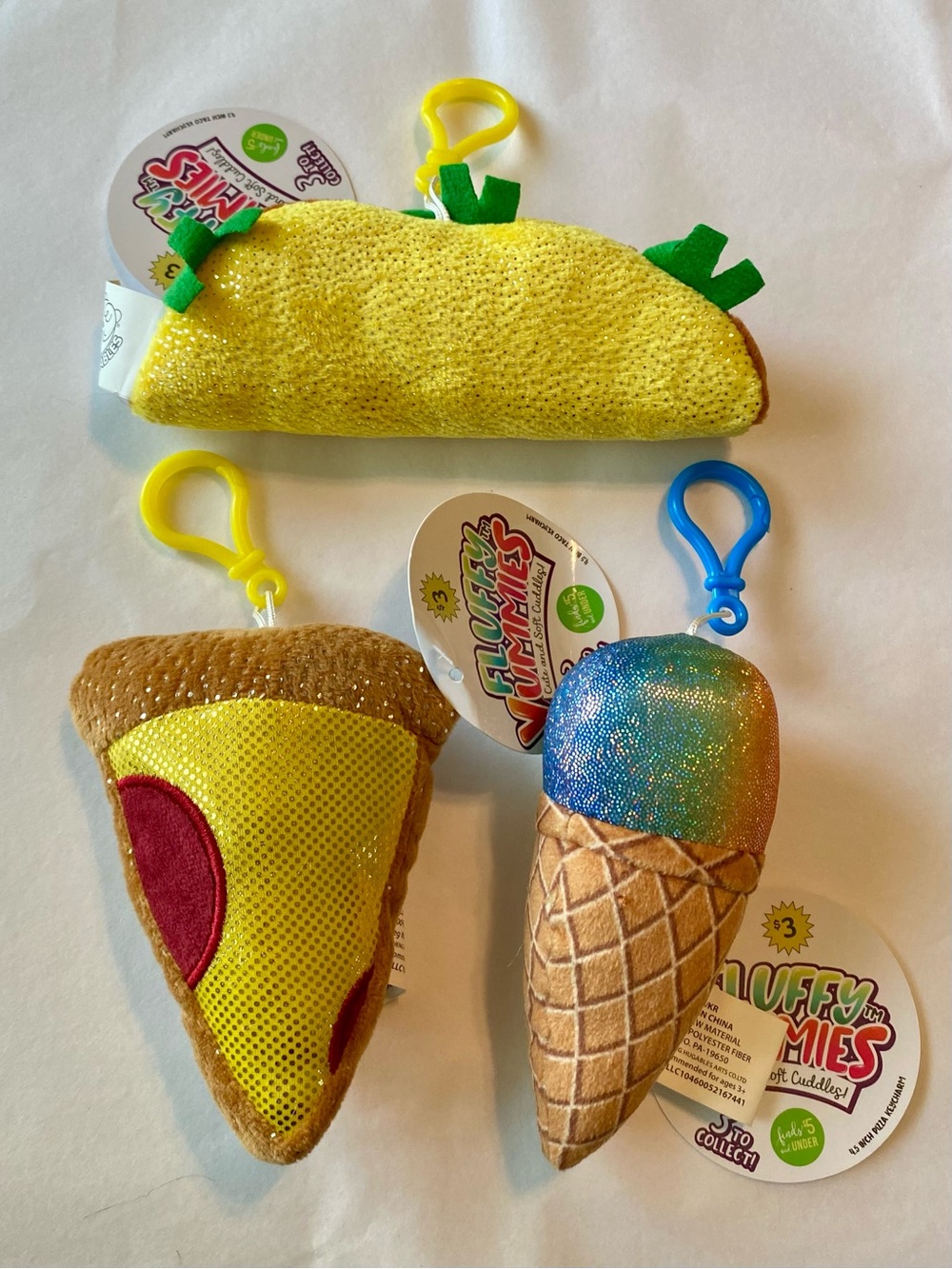 Fluffy Yummies Taco, Pizza & Ice Cream Keychain Plush Bag Keychain Trio
